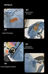 Detail view of denim backpack showing side pocket, leather logo, and reinforced stitching
