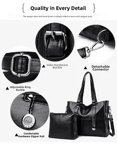 Detail shots of silver metal hardware and adjustable strap on black pebbled leather tote bag