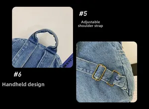 Detail of blue denim backpack featuring a top carry handle and adjustable metal buckle straps