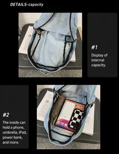 Detailansicht der großen Kapazität des hellblauen Denim-Rucksacks von innen