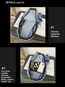 Detailed interior of a spacious blue denim tote bag showing items like an iPad and umbrella