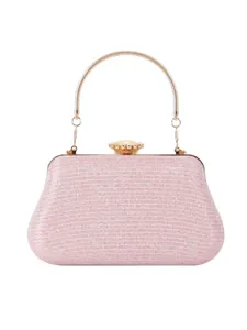 Pink evening clutch bag with woven texture, metal handle and sparkling flower clasp