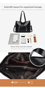 Detailed view showing the large interior capacity and organizer pockets of the black tote bag