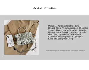 Detailed size specifications for silver pleated cloud bag with rhinestone handle