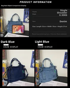 Size chart showing dimensions 33x10x27cm for the denim shoulder bag with iPad comparison