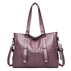 Large capacity dark purple faux leather tote bag with dual handles and long shoulder strap