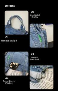 Detail view of denim shoulder bag with metal hooks and green brand tag details