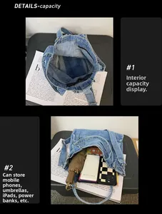 Spacious interior of blue denim tote bag showing zip pocket and capacity for iPad