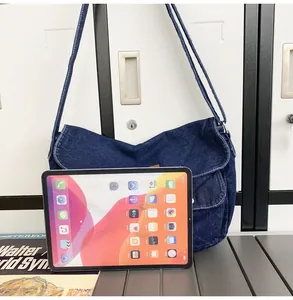 Detail of blue denim messenger bag with contrast stitching and front pocket storage