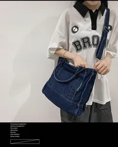 Close-up of a blue denim tote bag texture showing stitching and durable fabric details