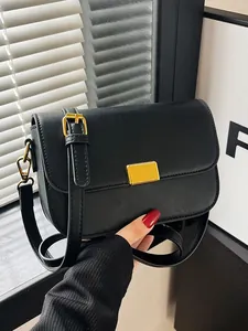 Vintage PU Leather Small Square Crossbody Bag For Women Simple Flap Shoulder Bag With Gold Metal Buckle Daily Fashion Handbag
