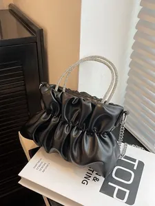 Sac Nuage pour Femmes Sac à Main Mode en Cuir PU Plissé Avec Poignée en Strass et Sac Bandoulière Chaîne Argentée