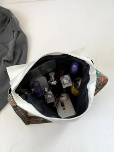 Retro white large-capacity tote bag with colorful ethnic wide strap and spacious interior