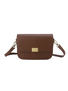Vintage dark brown crossbody square bag with gold hardware buckle and adjustable strap