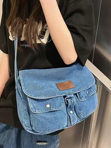 Vintage Denim Crossbody Bag Large Capacity Messenger Bag For Women Street Trend Washed Denim Tote Bag With Flap Cover