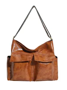 Brown vintage large capacity tote bag with front pockets and adjustable strap for commuting