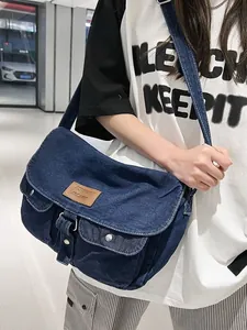 Large capacity vintage blue denim crossbody bag with flap and pockets for daily use
