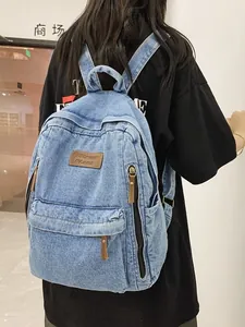 Women Denim Backpack Large Capacity Casual School Bag Street Trend Vintage Harajuku Style Student Travel Daypack Multi Pocket