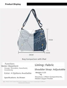 Detailed dimension chart of blue washed leather crossbody bag showing dual compartments