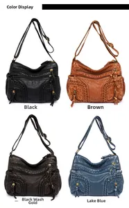 Four color variants of vintage washed PU leather crossbody bags with tassel zippers