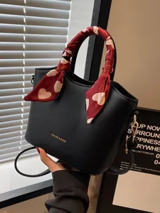 Sac Seau pour Femme en Cuir PU avec Poignée Foulard à Cœur Inscription Fashion Bags Bandoulière Réglable Cadeau