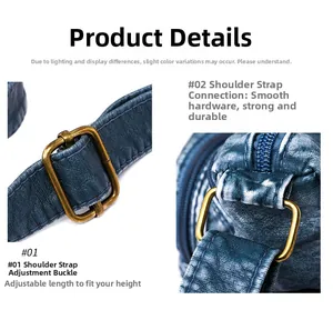 Detail of blue faux leather bag featuring bronze adjustable buckle and smooth metal zipper