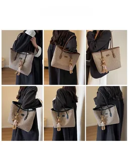 Detailed views of checkered tote bags with bunny charms in brown and black variants