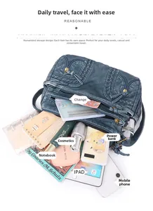 Blue washed leather crossbody bag showing large capacity with multiple zipper pockets