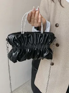 Women's Pleated Cloud Bag Fashion Rhinestone Handle Handbag PU Leather Crossbody Bag Metal Chain Strap Party Clutch Purse