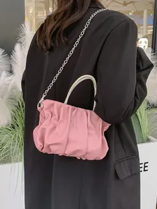 Pink pleated cloud bag with rhinestone ring handle and metal chain strap for women