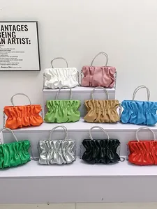 Chic pleated cloud bag with rhinestone ring handle and chain strap in 10 trendy colors