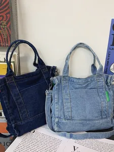 Minimalist denim tote and crossbody bags in dark and light blue for daily commute