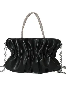 Fashionable black ruched cloud bag with rhinestone handle and silver chain strap
