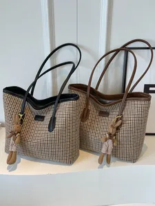 Large capacity houndstooth tote bag with leather trim and cute rabbit pendant decoration