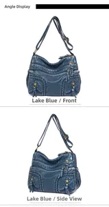 Front and side views of lake blue woven shoulder bag with multiple zipper compartments