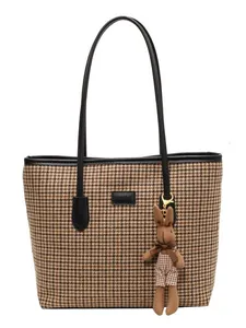 Large plaid tote bag with brown houndstooth pattern and a cute rabbit pendant accessory