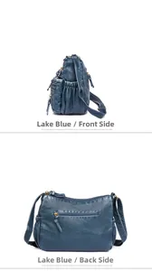 Detail view of lake blue washed leather shoulder bag with side pockets and back zipper