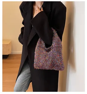 Detail of colorful fuzzy sequins texture on fashionable shoulder bag for women