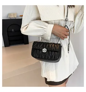 Détail d'un sac à chaîne matelassé noir avec fermoir argenté porté par un mannequin