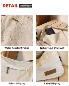 Detail view of water-resistant off-white canvas tote showing interior pockets and zippers