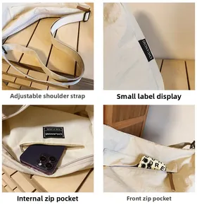 Detail views of adjustable wide strap and multi-pocket interior of the canvas crossbody bag