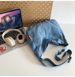 Detailed view of light blue denim crossbody bag with adjustable wide fabric strap on white desk