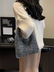 Silver glitter knit underarm shoulder bag for women with chic textured sparkling finish