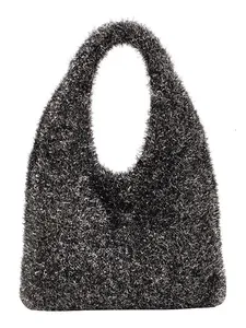 Fashionable black glitter plush hobo bag for women featuring sparkling silver sequins