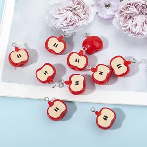 Cute resin 3D apple core DIY charms with metal rings for jewelry and craft making