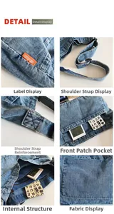 Detail of blue denim crossbody bag featuring orange woven label and adjustable strap