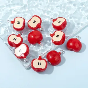 Cute Simulation 3D Apple Core Resin Pendants For DIY Jewelry Making Findings Fruit Theme Charms With Metal Ring Decorative Accessories