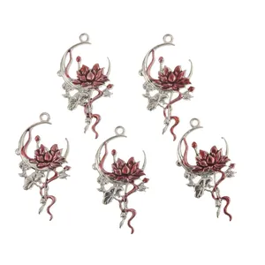 Five vintage alloy lotus moon pendants with red enamel for DIY jewelry making