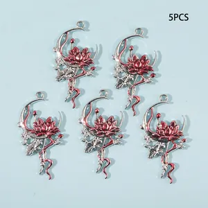 5 pieces of alloy lotus and crescent moon flower pendants for DIY jewelry making