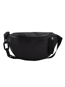 Women's black PU leather moon-shaped crossbody bag with chain and embossed letters